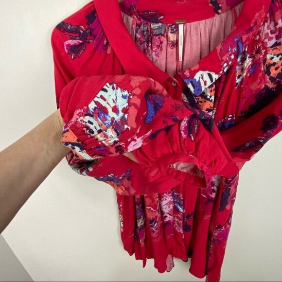 Free People Revolve Meadow Lark Blouse Red Fuchsia‎ Pink Size XS Floral Bohemian - Picture 7 of 11